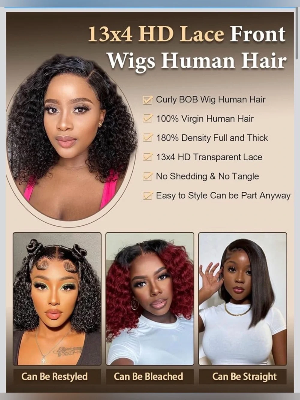 13x4 HD Lace Front Human Hair Bob Wig 16 Inch Deep Curly Bob Wig